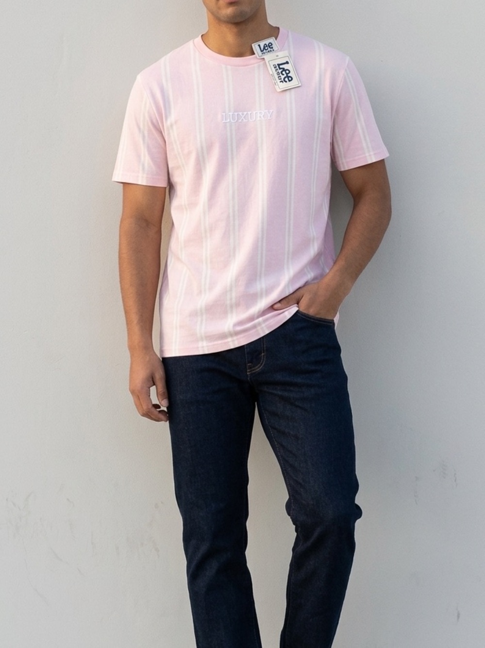 Men’s WXYZ mfg.co Light Pink Vertical Striped "LUXURY" Tee – Size Medium